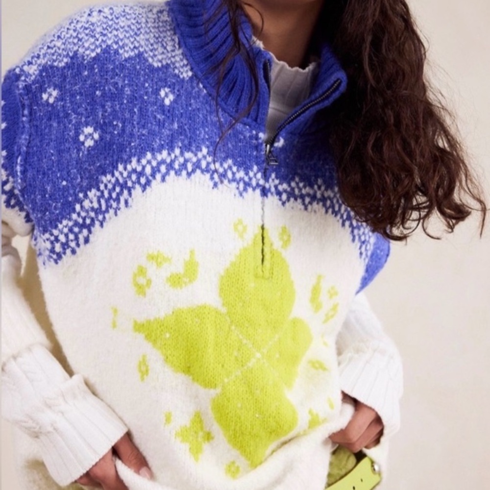 NWT Free People Mythical Knit Lime Cream Blue Bohemian Sweater Small
